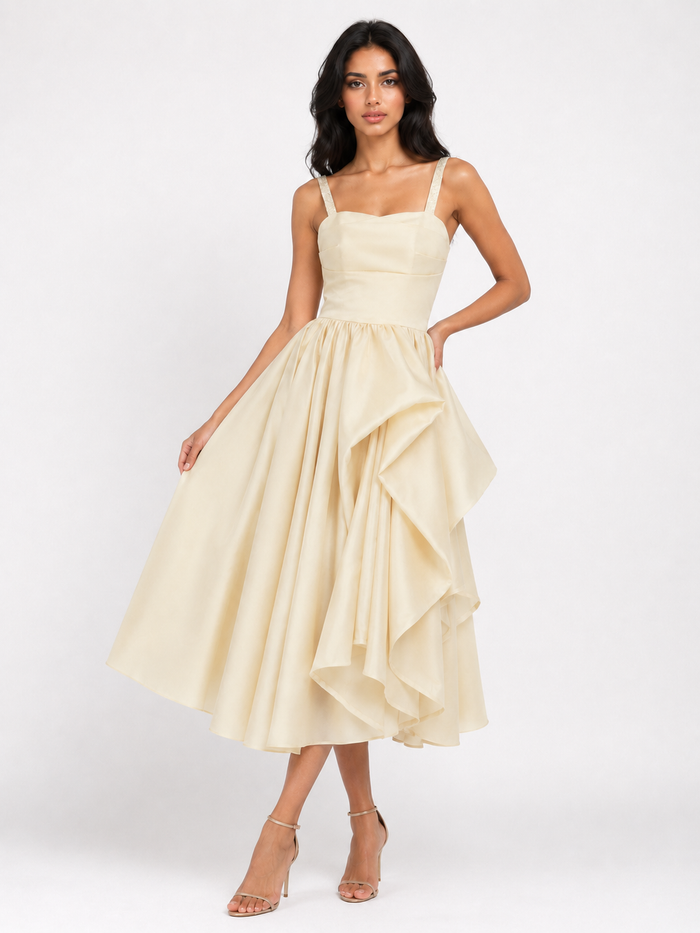 Asymmetrical Ruffle Midi Dress - Champagne
