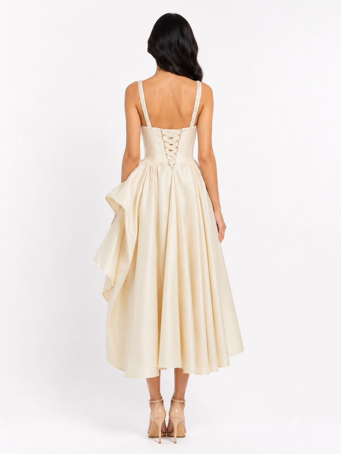 Asymmetrical Ruffle Midi Dress - Champagne