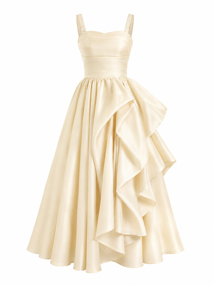 Asymmetrical Ruffle Midi Dress - Champagne