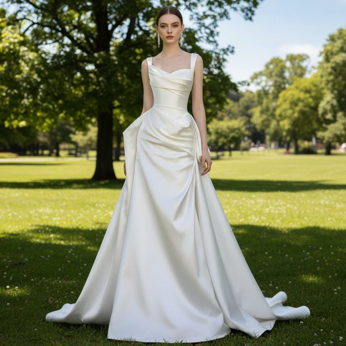 Asymmetrical Satin Wedding Dress with Detachable Train - Rosymae
