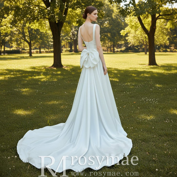 Asymmetrical Satin Wedding Dress with Detachable Train - Rosymae