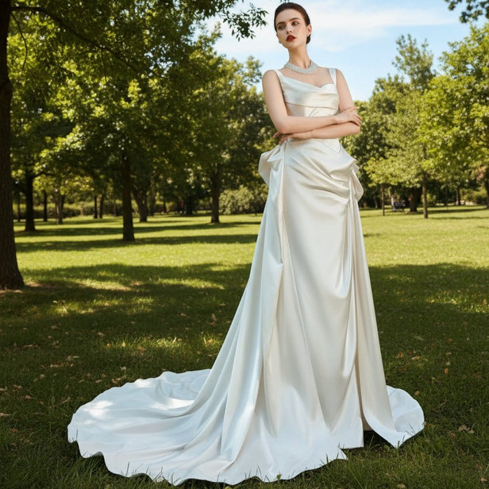 Asymmetrical Satin Wedding Dress with Detachable Train - Rosymae