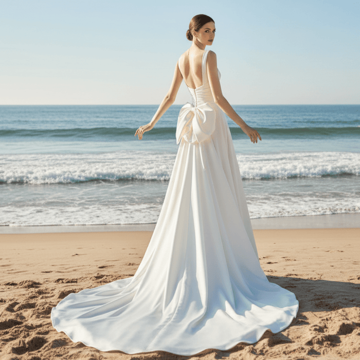 Asymmetrical Satin Wedding Dress with Detachable Train - Rosymae