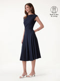 OGLmove Asymmetrical Shoulder Tucked Midi Bra Dress with Pockets Navy XS