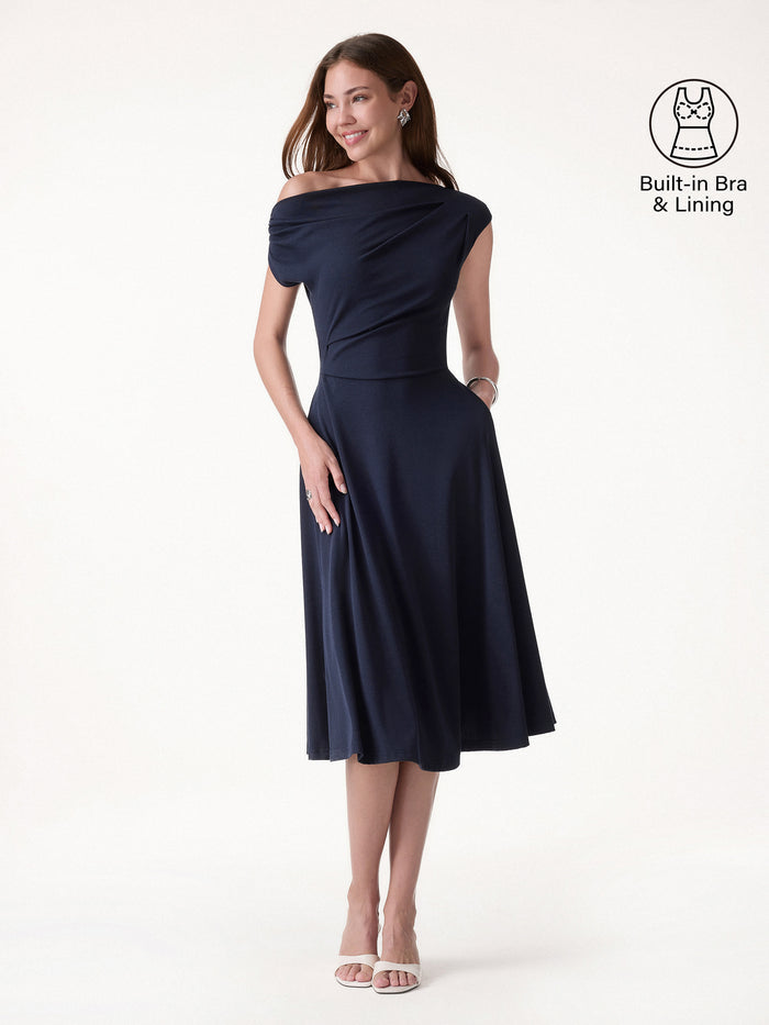 OGLmove Asymmetrical Shoulder Tucked Midi Bra Dress with Pockets