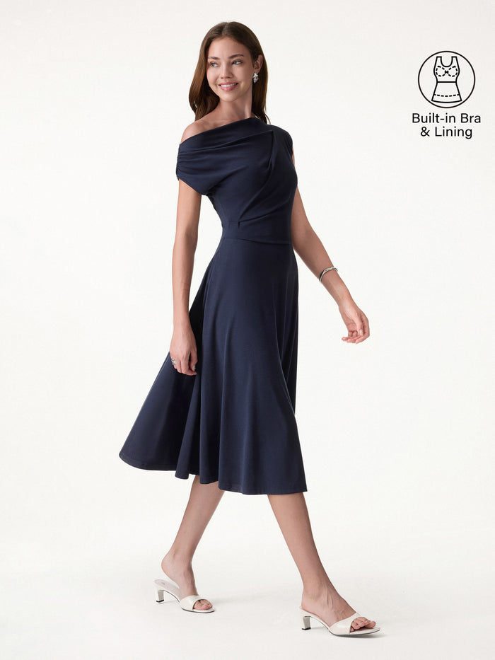 OGLmove Asymmetrical Shoulder Tucked Midi Bra Dress with Pockets