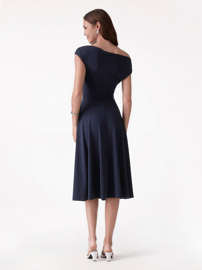 OGLmove Asymmetrical Shoulder Tucked Midi Bra Dress with Pockets