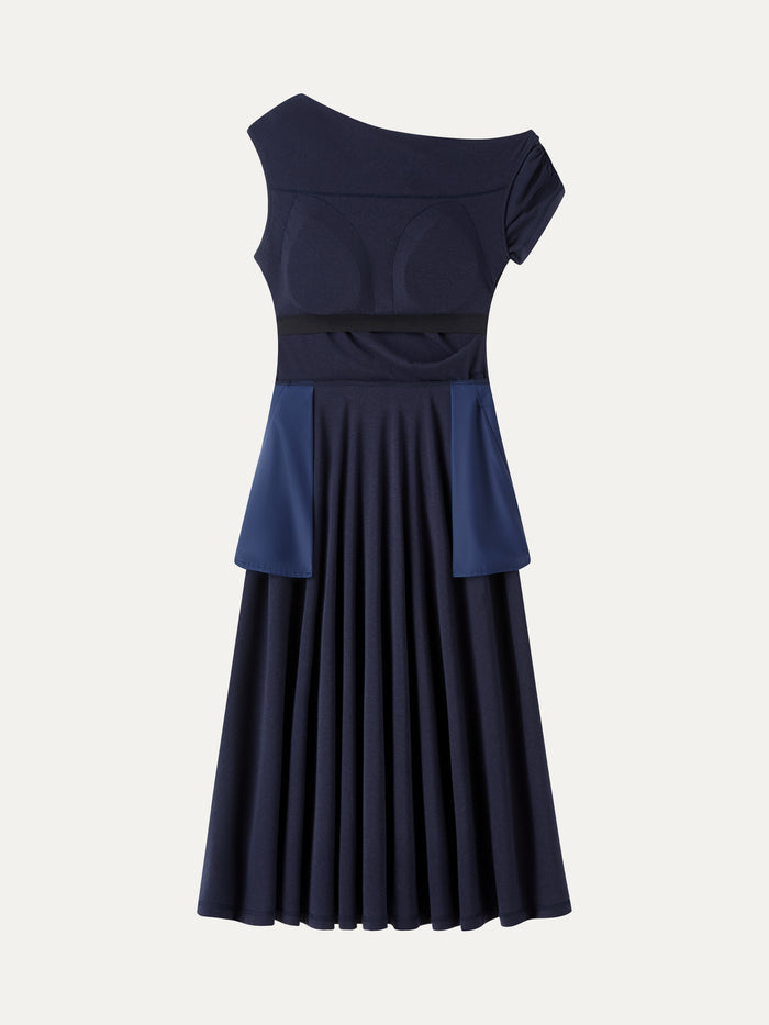 OGLmove Asymmetrical Shoulder Tucked Midi Bra Dress with Pockets