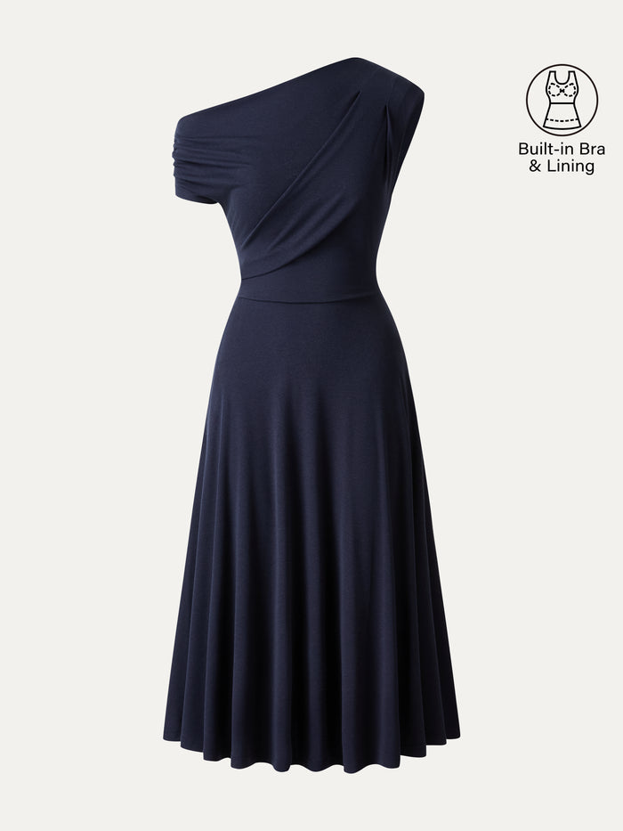 OGLmove Asymmetrical Shoulder Tucked Midi Bra Dress with Pockets