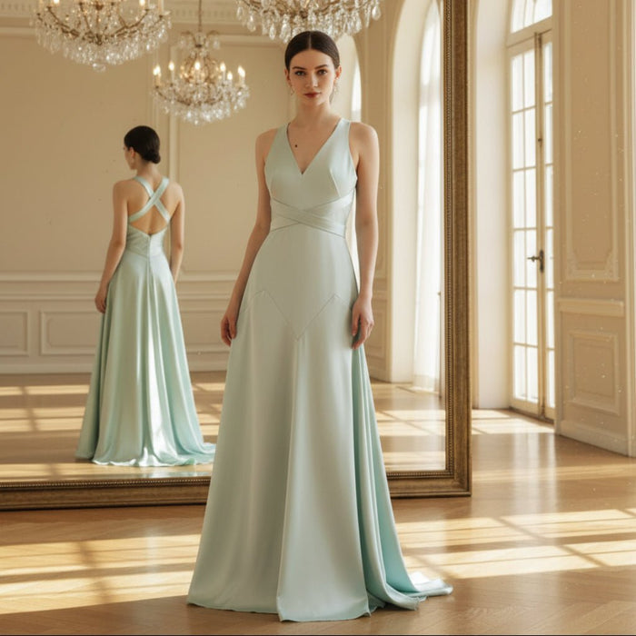 Baby Blue Simple Satin Bridesmaid Dress with Vneck and Open Back - Rosymae
