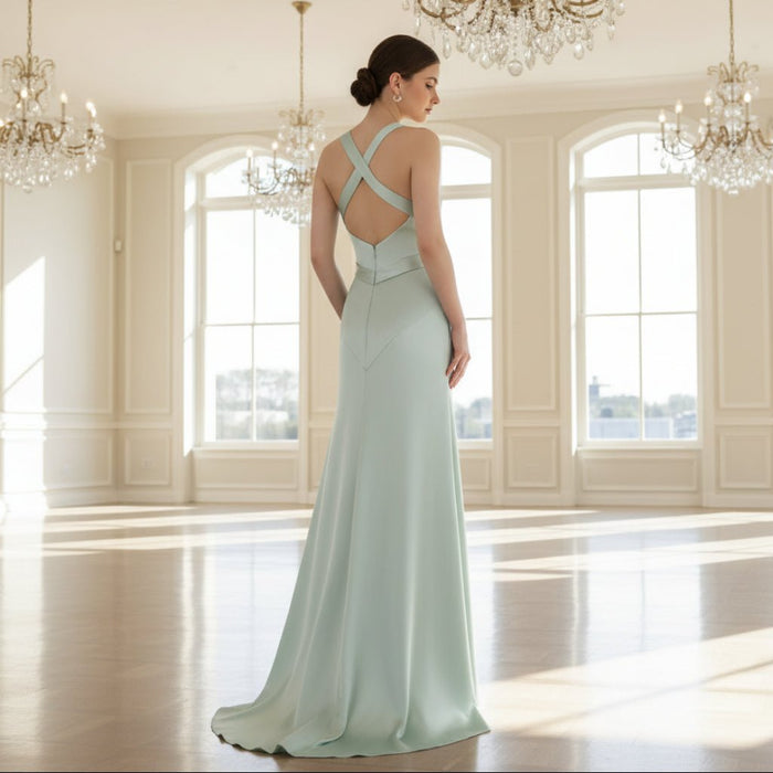 Baby Blue Simple Satin Bridesmaid Dress with Vneck and Open Back - Rosymae