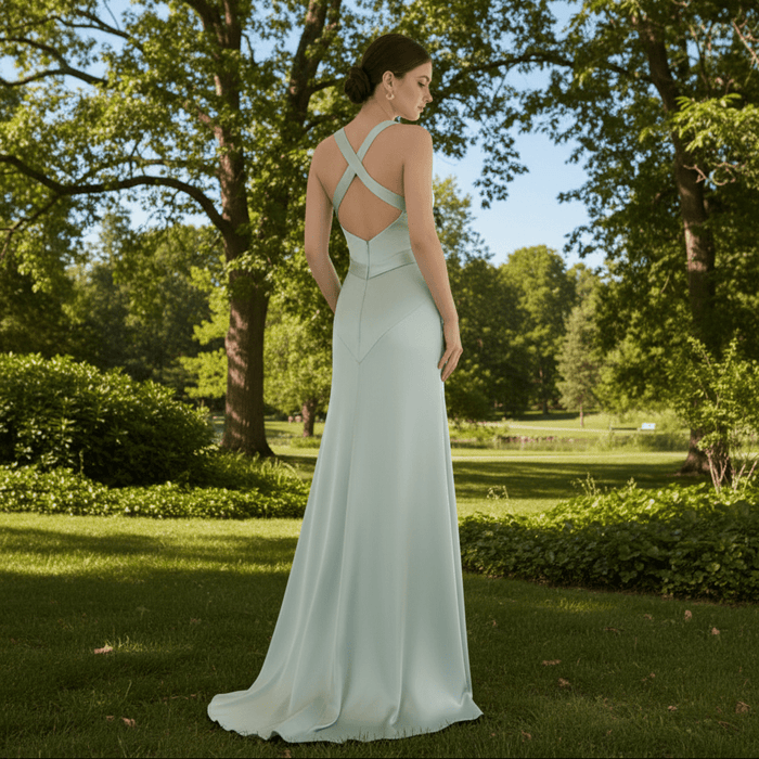 Baby Blue Simple Satin Bridesmaid Dress with Vneck and Open Back - Rosymae