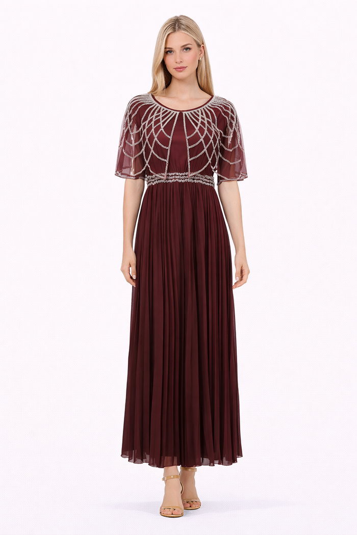 beaded cape overlay pleated maxi dress – BURGL
