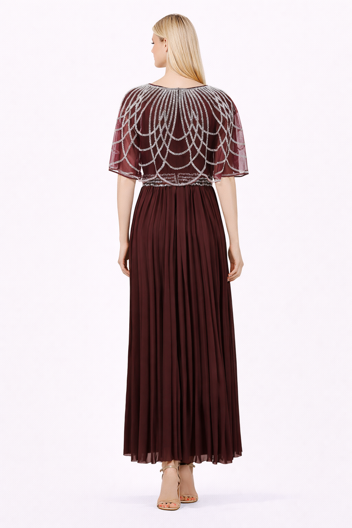 beaded cape overlay pleated maxi dress – BURGL