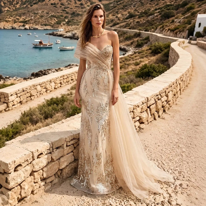 DreamyVow Champagne beaded one shoulder mermaid Evening Dress Prom Dress SS136