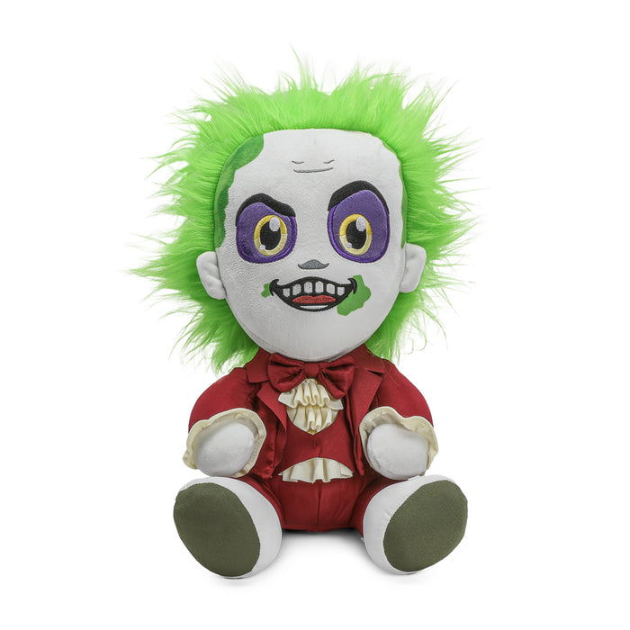 Kidrobot Beetlejuice plush toy in red suit with shake action, featuring detailed plush character from the Beetlejuice series.