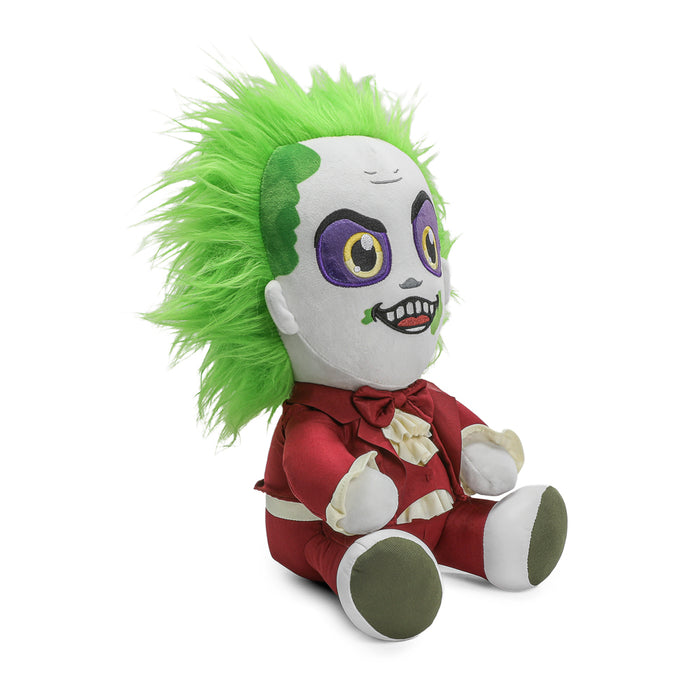 Kidrobot Beetlejuice HugMe plush in red suit with shake action, featuring detailed character design and soft plush material.