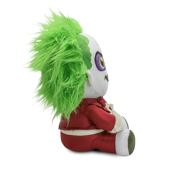 Kidrobot Beetlejuice plush in red suit with shake action, featuring detailed plush design of the iconic character from Beetlejuice.