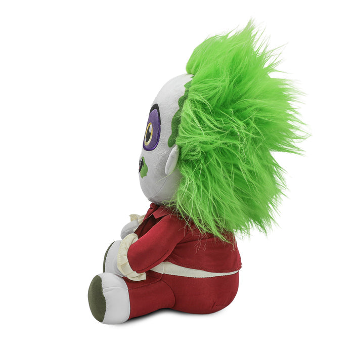 Kidrobot Beetlejuice plush toy in red suit with shake action, featuring Beetlejuice character hugging and detailed plush fabric.