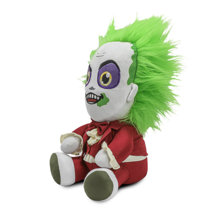 Kidrobot Beetlejuice plush toy in red suit with shake action, featuring Beetlejuice character hugging in a soft, detailed HugMe plush.