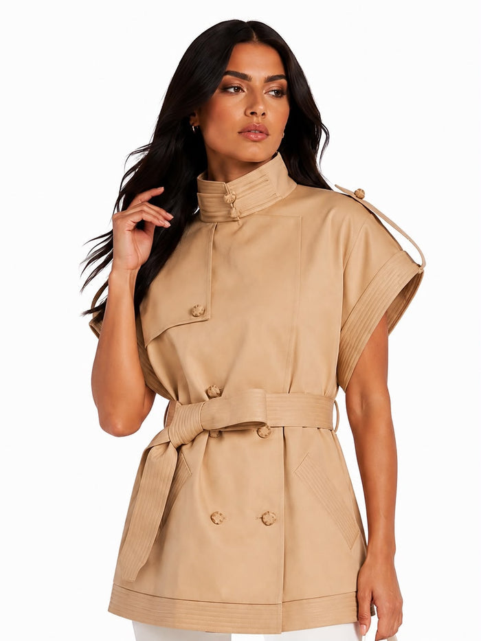 Belted Short Sleeve Trench Jacket - Sand