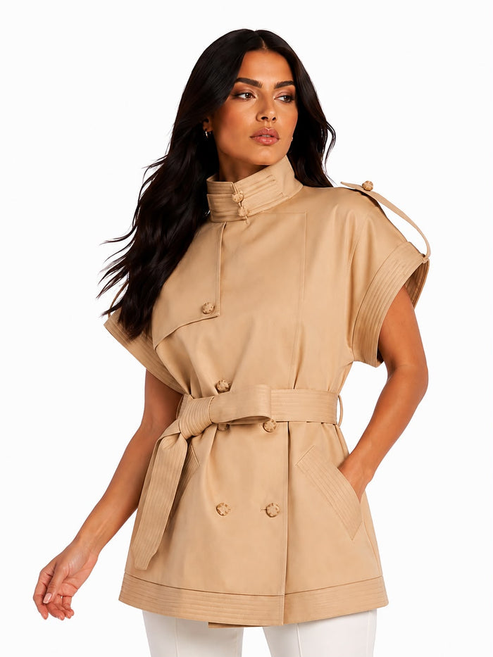 Belted Short Sleeve Trench Jacket - Sand
