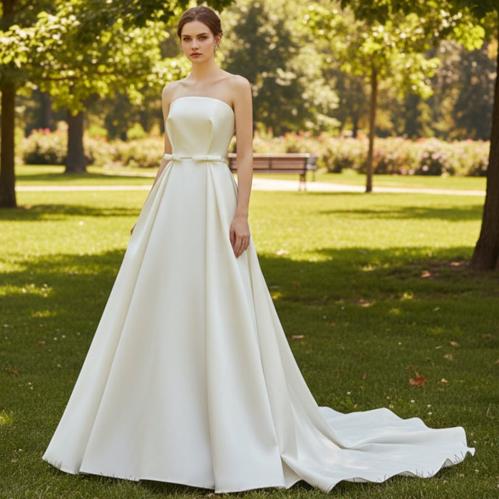 Best Strapless Straight Neckline Wedding Dress with Ruched - Rosymae