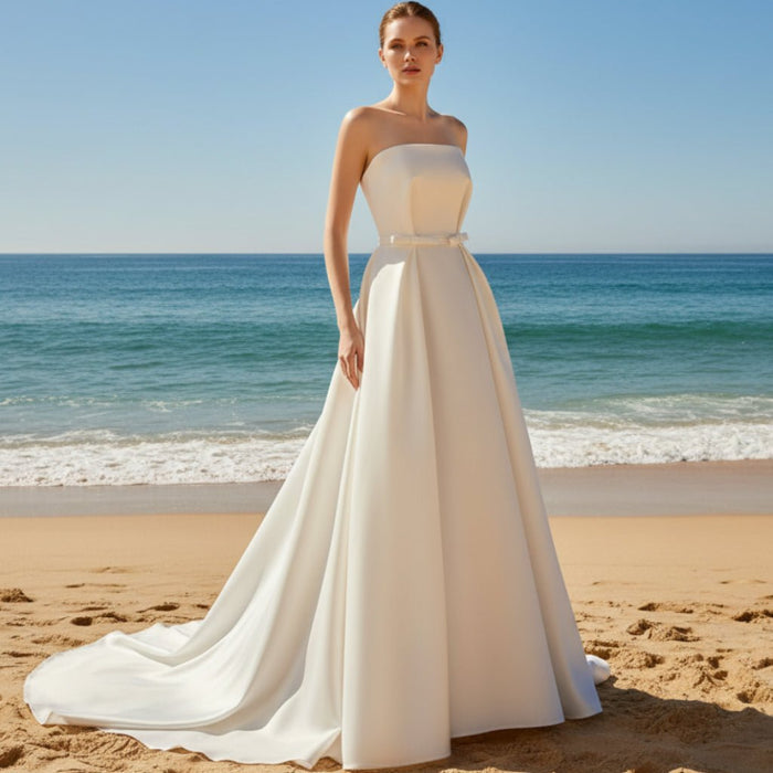 Best Strapless Straight Neckline Wedding Dress with Ruched - Rosymae