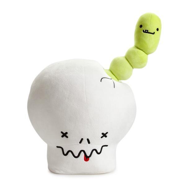 Interactive plush toy featuring a giant skull and worm from Kidrobot's BFFs collection, designed by Travis Cain.
