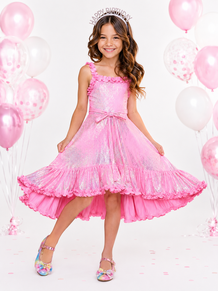 Birthday Glow Pink Shimmer Hi-Lo Ruffle Dress Mia Belle Girls