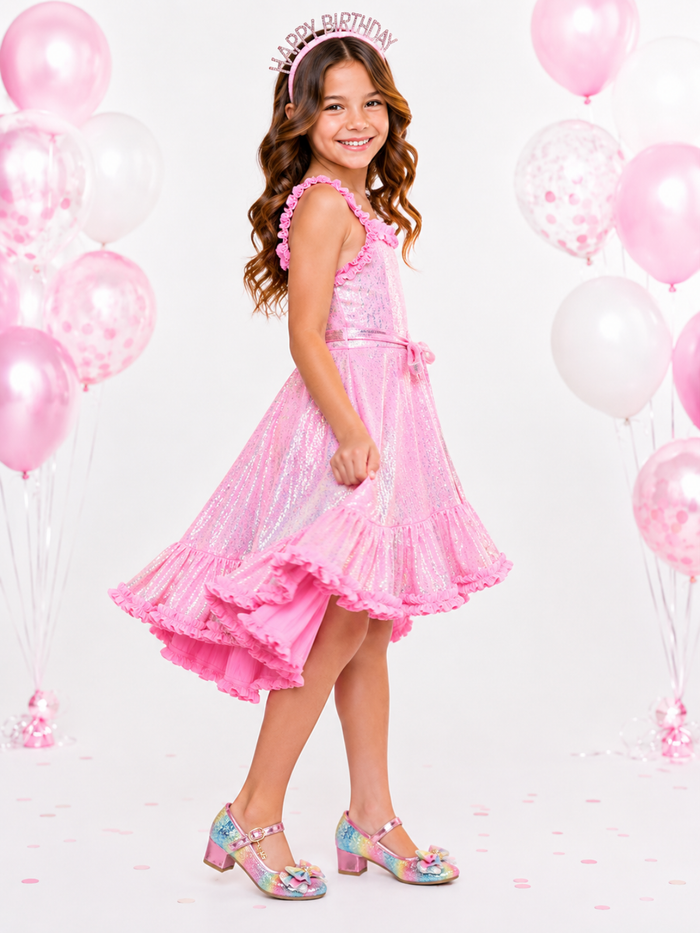 Birthday Glow Pink Shimmer Hi-Lo Ruffle Dress Mia Belle Girls