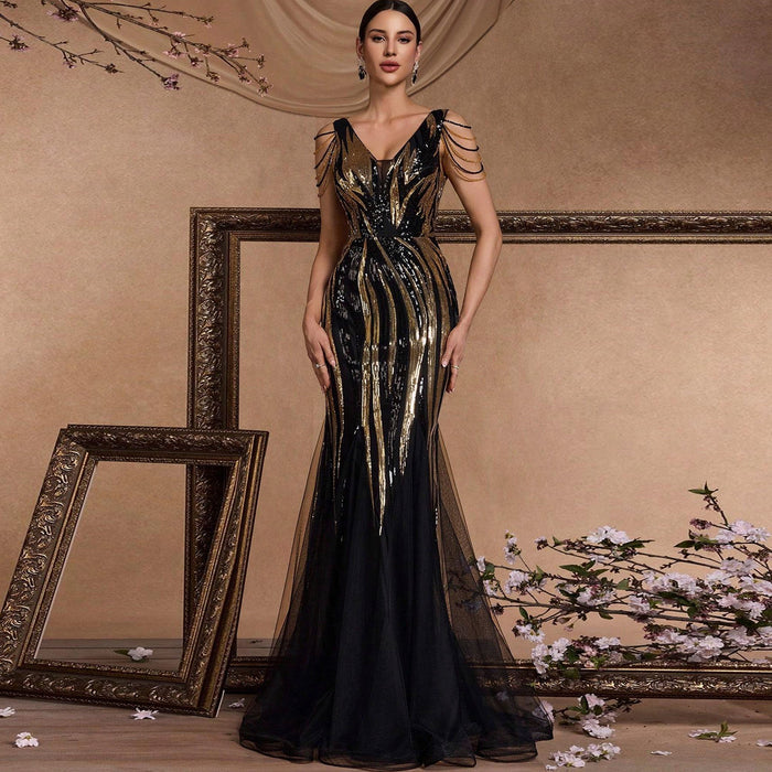 Black and Gold Sequin Evening Dress with V-neck and Sweep/Brush Train - Rosymae