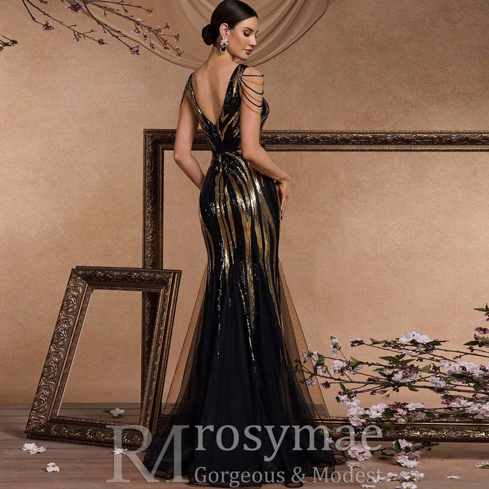 Black and Gold Sequin Evening Dress with V-neck and Sweep/Brush Train - Rosymae
