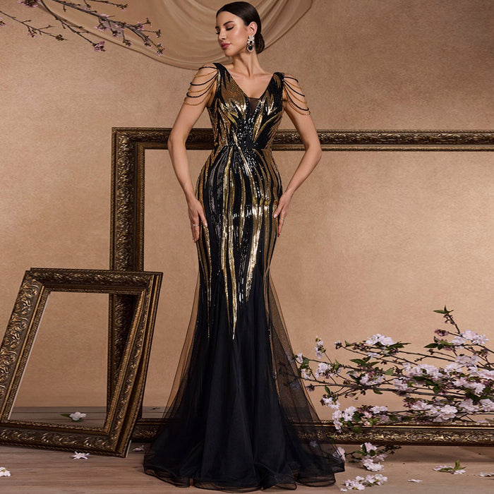 Black and Gold Sequin Evening Dress with V-neck and Sweep/Brush Train - Rosymae