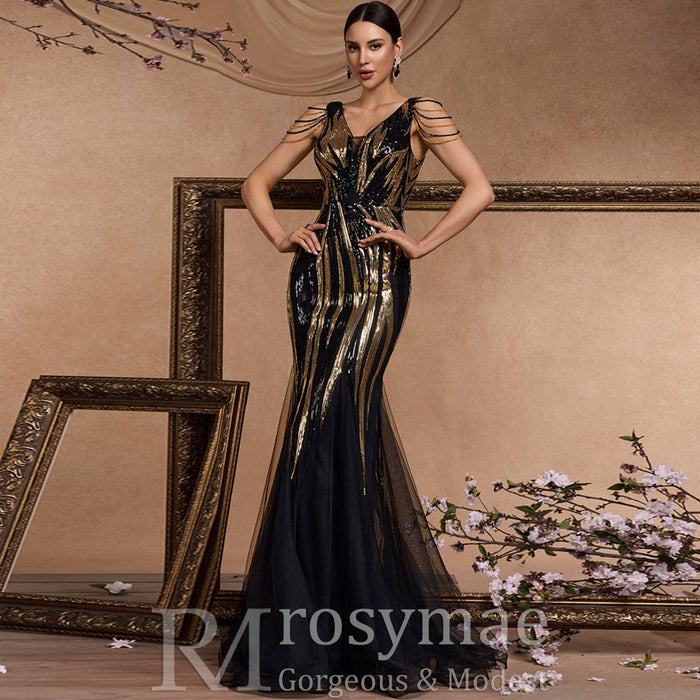 Black and Gold Sequin Evening Dress with V-neck and Sweep/Brush Train - Rosymae