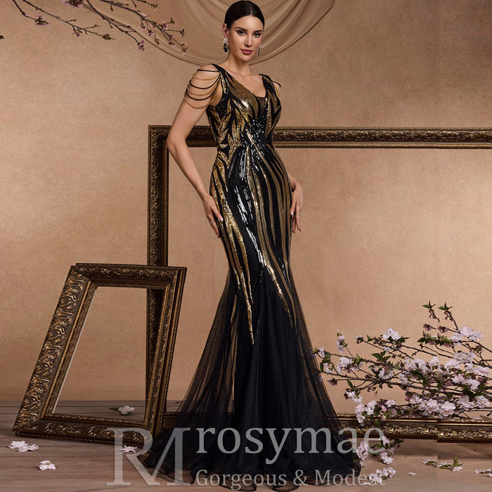 Black and Gold Sequin Evening Dress with V-neck and Sweep/Brush Train - Rosymae