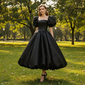 Black Cocktail Dress Calf Length Party Gown with Puffy Short Sleeve - Rosymae