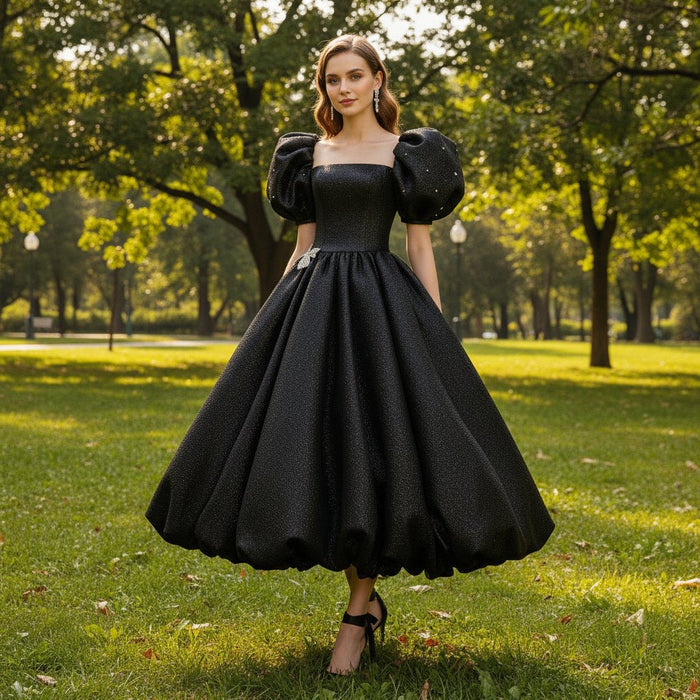 Black Cocktail Dress Calf Length Party Gown with Puffy Short Sleeve - Rosymae