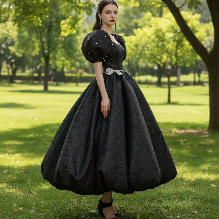 Black Cocktail Dress Calf Length Party Gown with Puffy Short Sleeve - Rosymae
