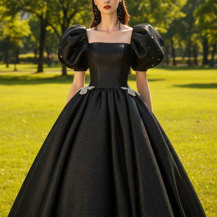 Black Cocktail Dress Calf Length Party Gown with Puffy Short Sleeve - Rosymae