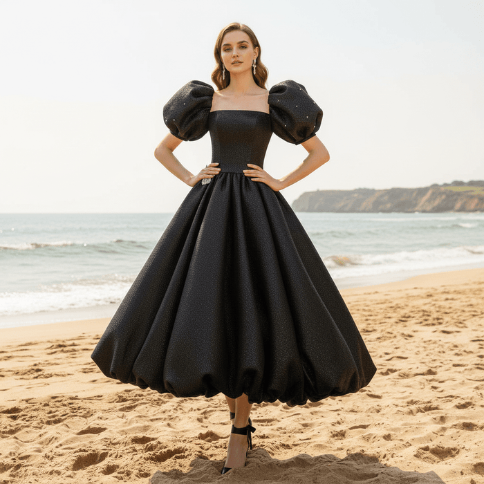 Black Cocktail Dress Calf Length Party Gown with Puffy Short Sleeve - Rosymae