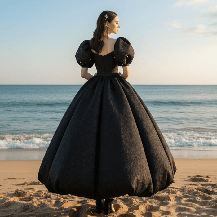 Black Cocktail Dress Calf Length Party Gown with Puffy Short Sleeve - Rosymae