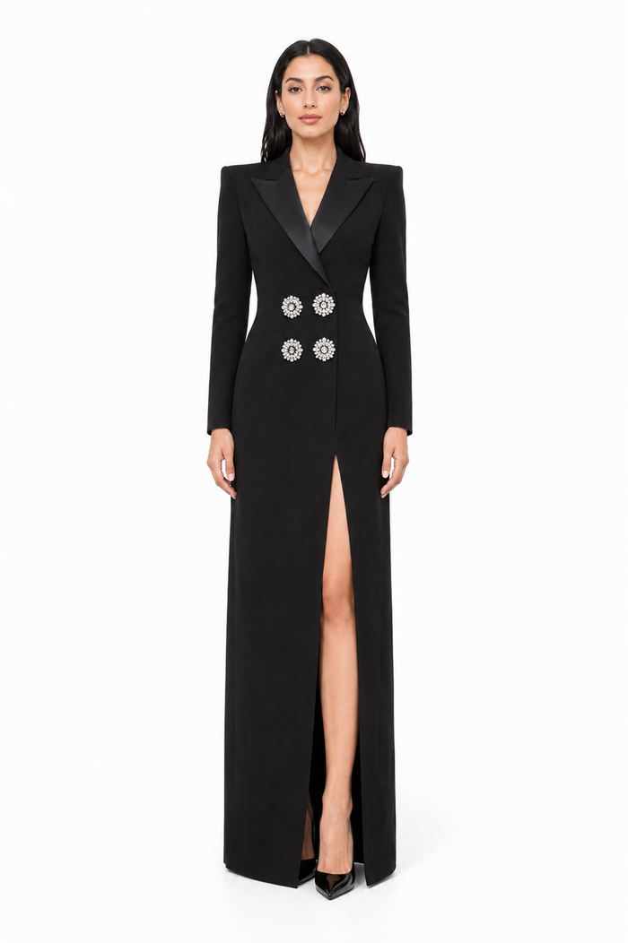 Black Crystal Embellished Blazer Evening Gown – Elara