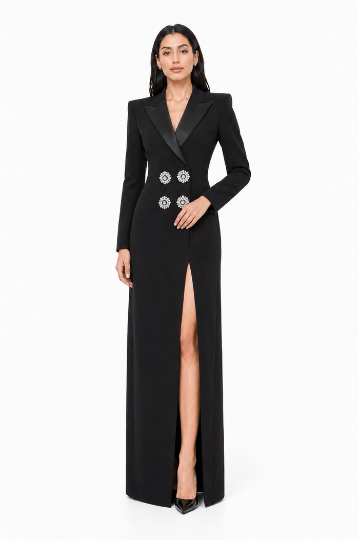 Black Crystal Embellished Blazer Evening Gown – Elara