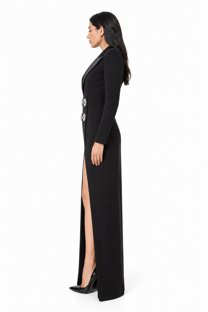 Black Crystal Embellished Blazer Evening Gown – Elara
