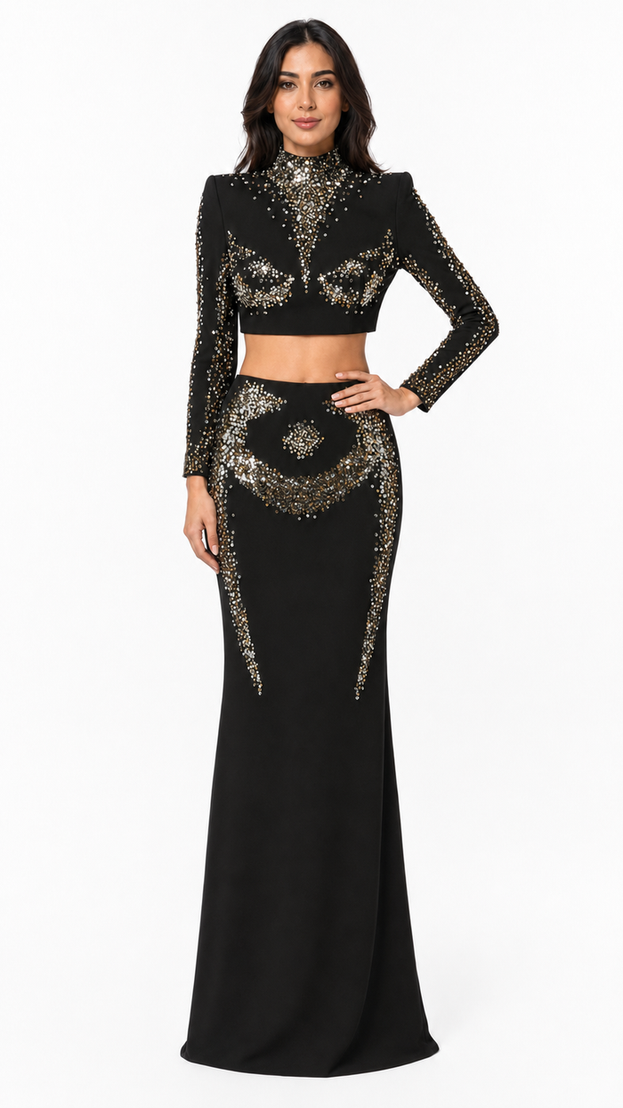 Black Crystal Embellished Two-Piece Evening Set – Elara