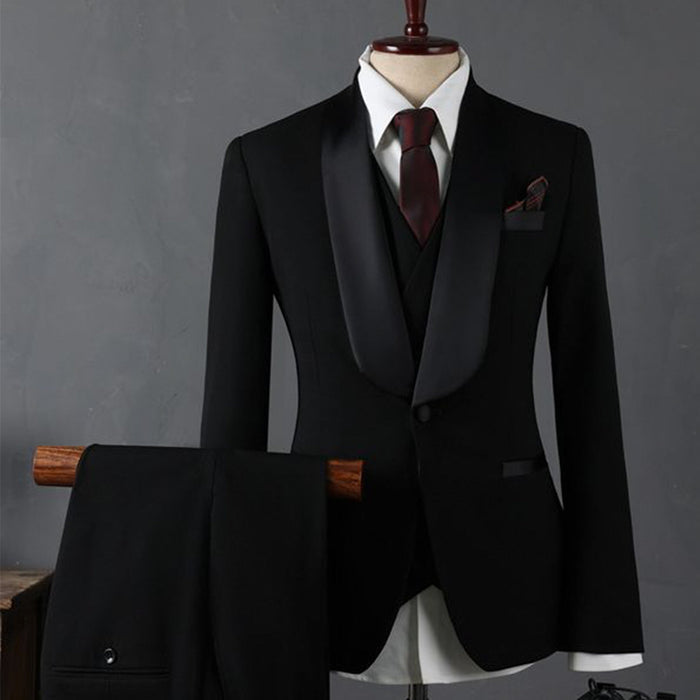 Black Korean Style Slim Fit Wedding Groomsman Men's Suit Set - Rosymae