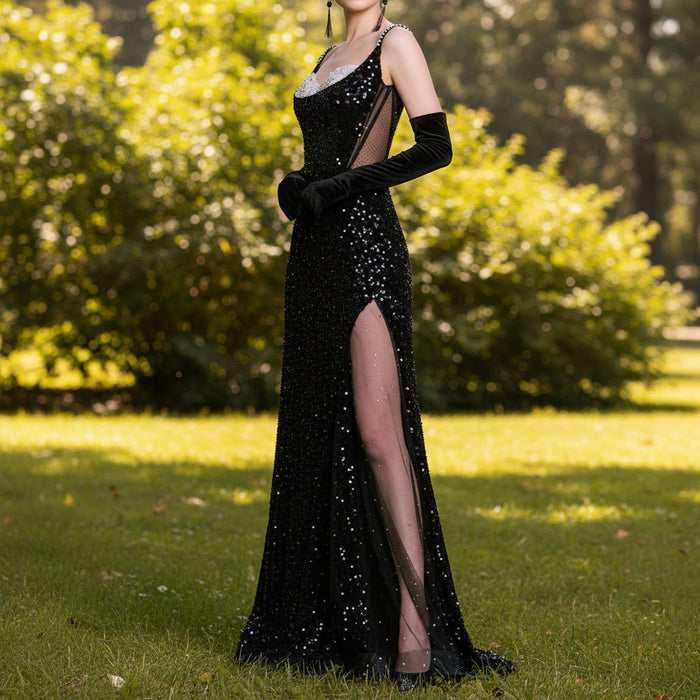 Black Long sparkly Sequined Prom Dress with Spaghetti Straps - Rosymae