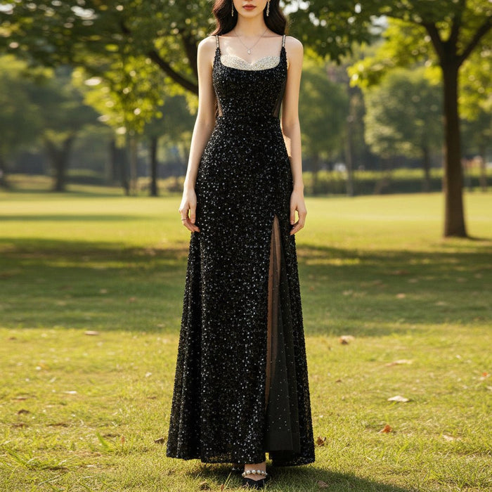 Black Long sparkly Sequined Prom Dress with Spaghetti Straps - Rosymae
