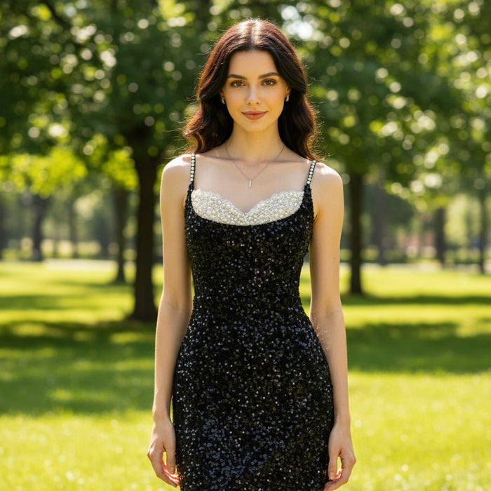 Black Long sparkly Sequined Prom Dress with Spaghetti Straps - Rosymae